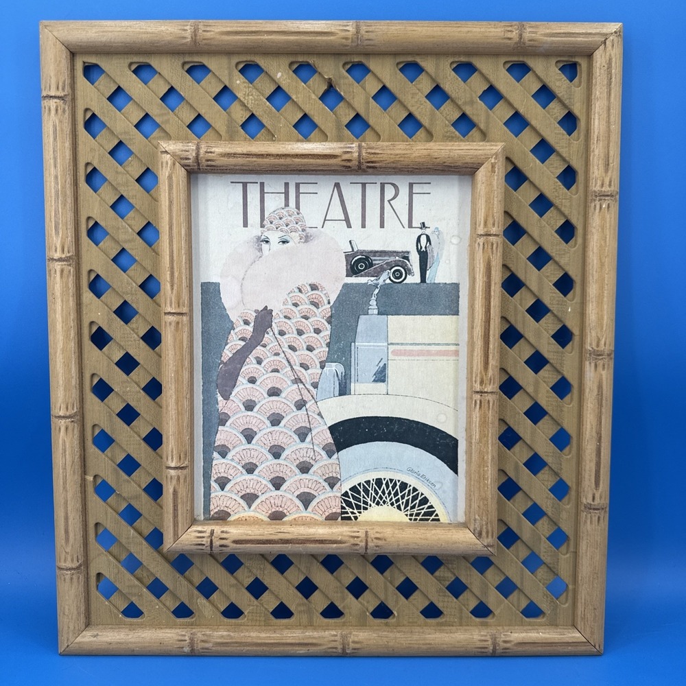 Vintage Bamboo And Rattan Trellis Picture Frame w/ Theatre Print Gloria Eriksen